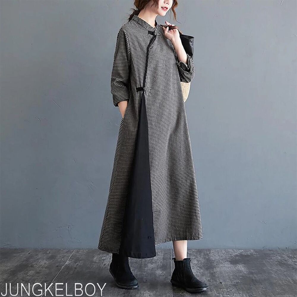 Yipinyichu Dress Tan/Black Checked Asian Style Stand Up Collar A Line Midi SzM